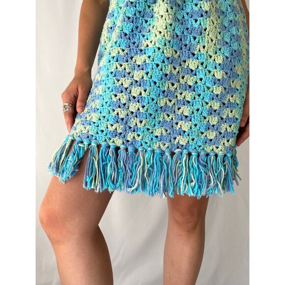 70s vintage blue hand knit hippy granny hippy thick crochet fringed midi dress - Picture 7 of 8